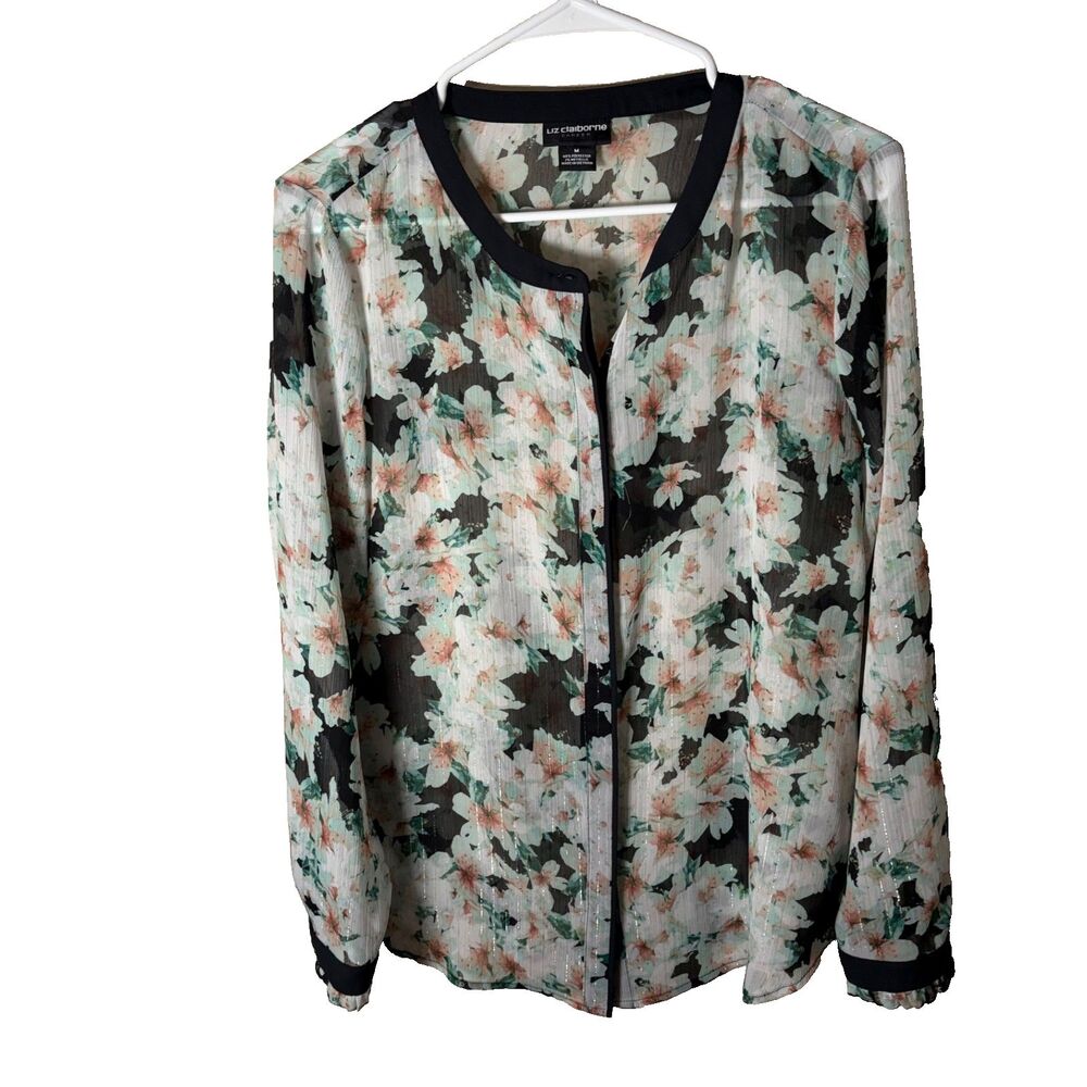 Liz Claiborne Career Top Women's Medium Floral Metallic Sheer Long Sleeve Shirt